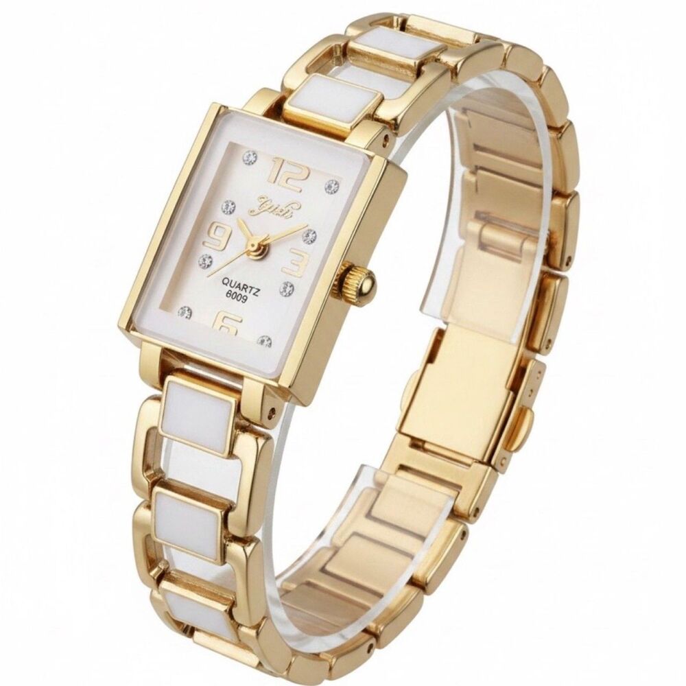 Elegant Gold-Tone and White Rectangular Quartz Link Bracelet Watch